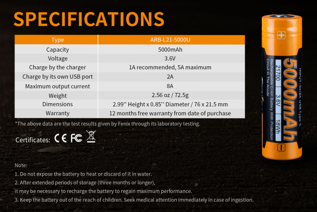 Fenix ARB-L21-5000U 21700 Accu Specificaties